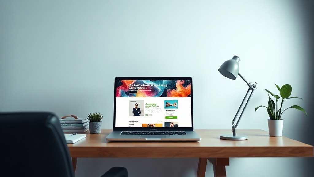A professional desk workspace showing an AI website builder interface on a laptop screen.