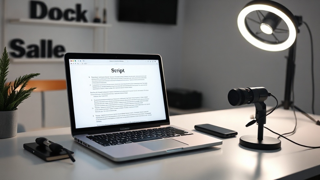 A professional desk setup with a laptop running an AI script writing tool for YouTube content creators.