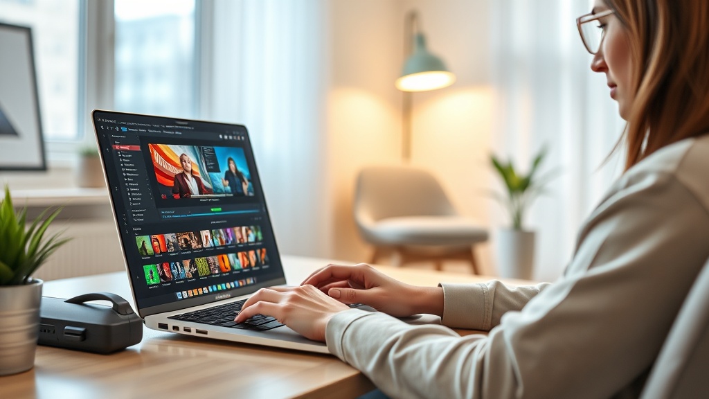 Professional creator using AI software to generate engaging captions for Instagram Reels on a laptop.