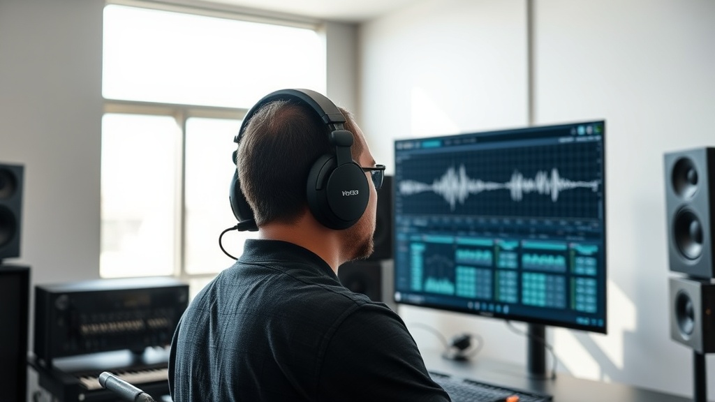 A professional audio engineer working on high-quality AI voiceover generation in a modern studio setting.