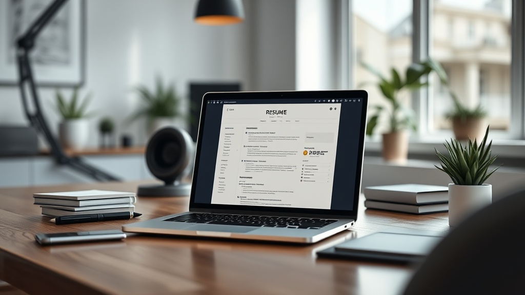 A professional desk setup featuring an AI resume builder on a laptop screen for career success.