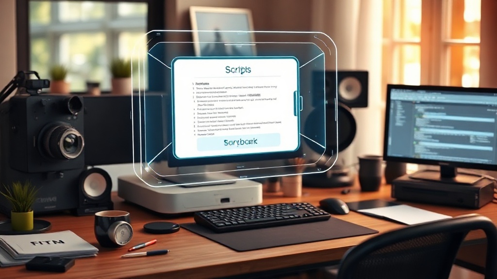 Professional content creator using AI tools to write YouTube scripts on a modern workstation.