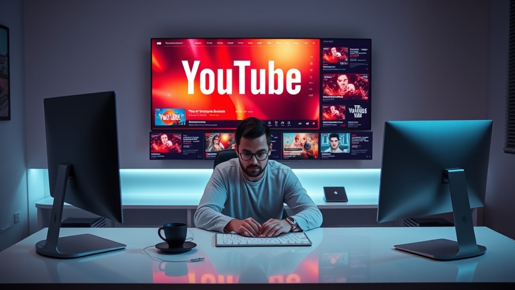 A digital creator using AI tools to design high-CTR YouTube thumbnails on a professional workstation.