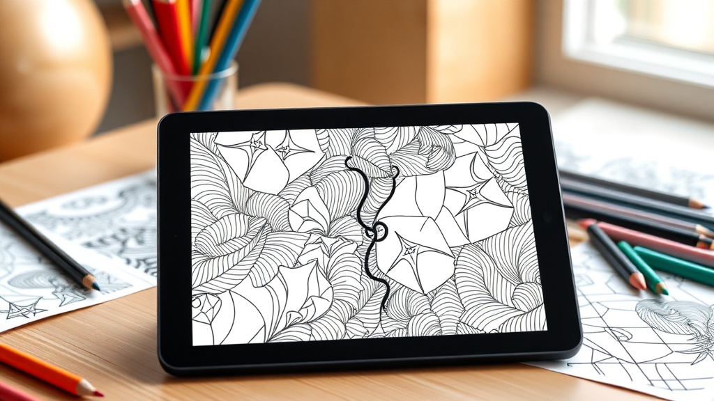 A professional desk setup featuring AI-generated line art for coloring books and creative tools.