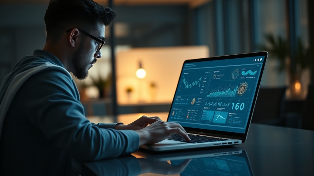 A professional creator using AI software to generate social media captions on a laptop.