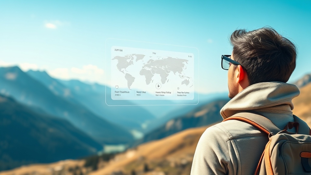A traveler using advanced AI technology to plan a trip on a digital interface in a mountain setting.