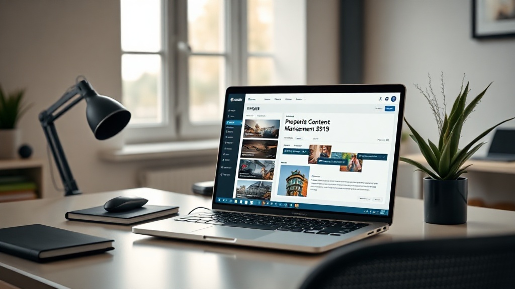 A professional desk setup with a laptop showing a content management system used for writing AI blog posts.