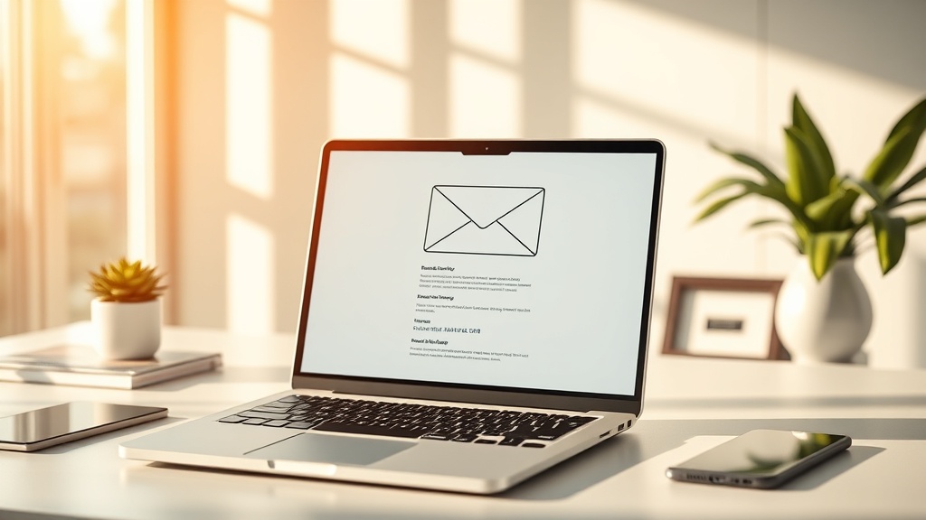 Professional workspace with an AI-powered email marketing tool on a laptop screen.