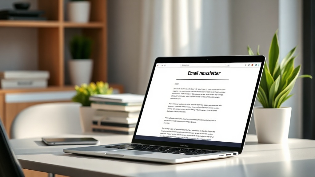 A professional desk setup with a laptop showing an AI-generated email newsletter draft for a digital creator.