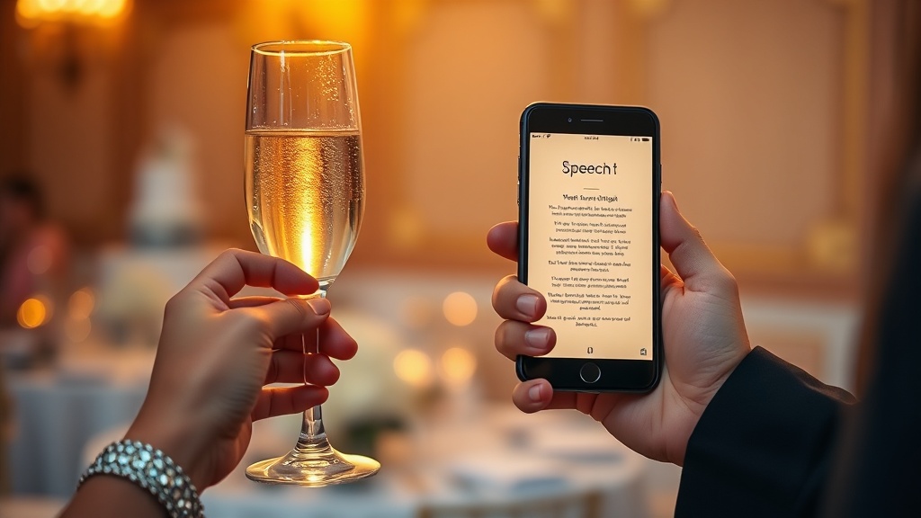 A person preparing a wedding speech with a smartphone at a reception with warm lighting.