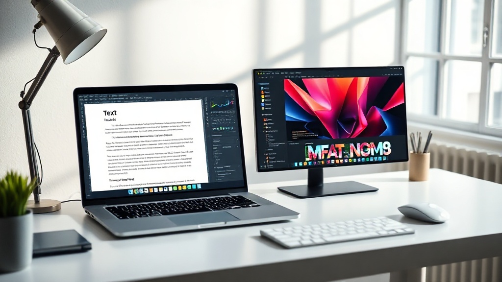 A professional desk setup showing a comparison between Jasper AI copywriting and Canva visual design tools.