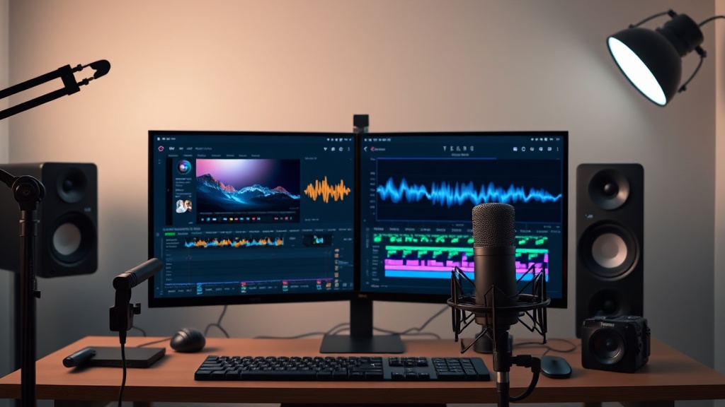 A professional video editing workstation comparing AI video production software features.