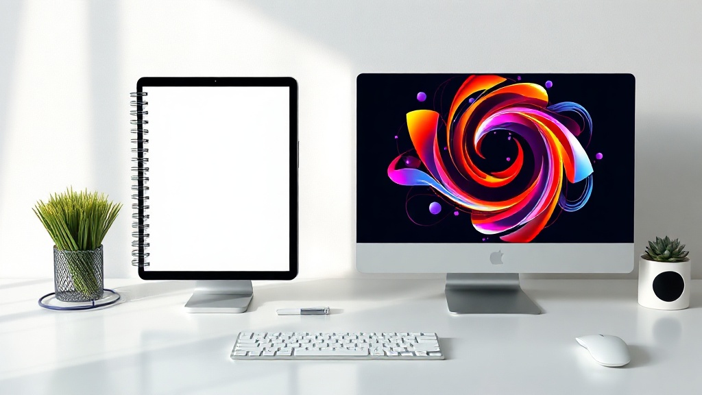 Notion AI interface on a tablet next to a Canva AI graphic design workspace on a desktop monitor.