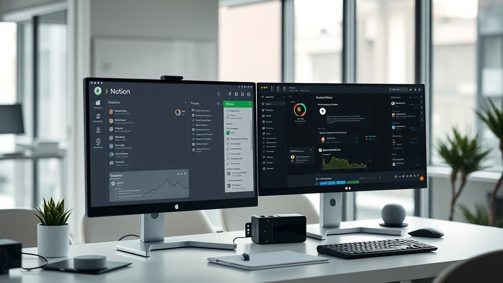 Comparison of Notion AI workspace and Grok AI chat interface on professional monitors.