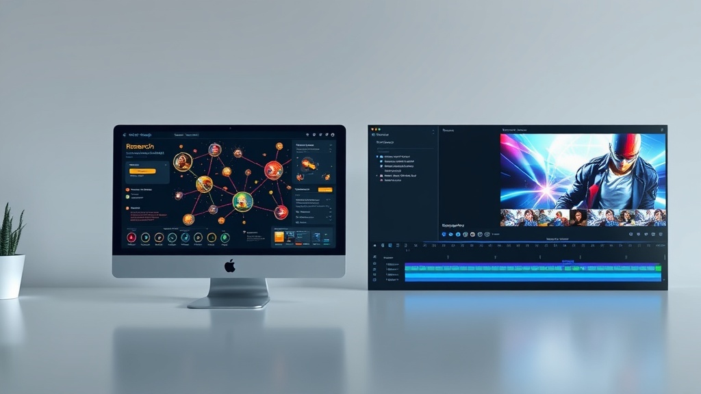 A split-screen comparison of a research AI interface and a video editing dashboard on professional monitors.