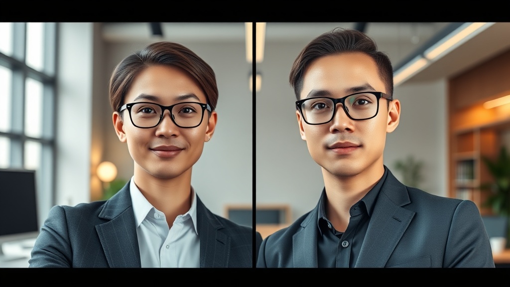 A comparative view of high-quality AI avatars from Synthesia and HeyGen in a professional studio setting.