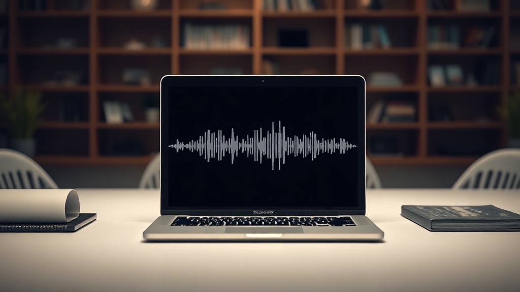 A professional desk setup with a laptop displaying AI transcription software converting audio to text.